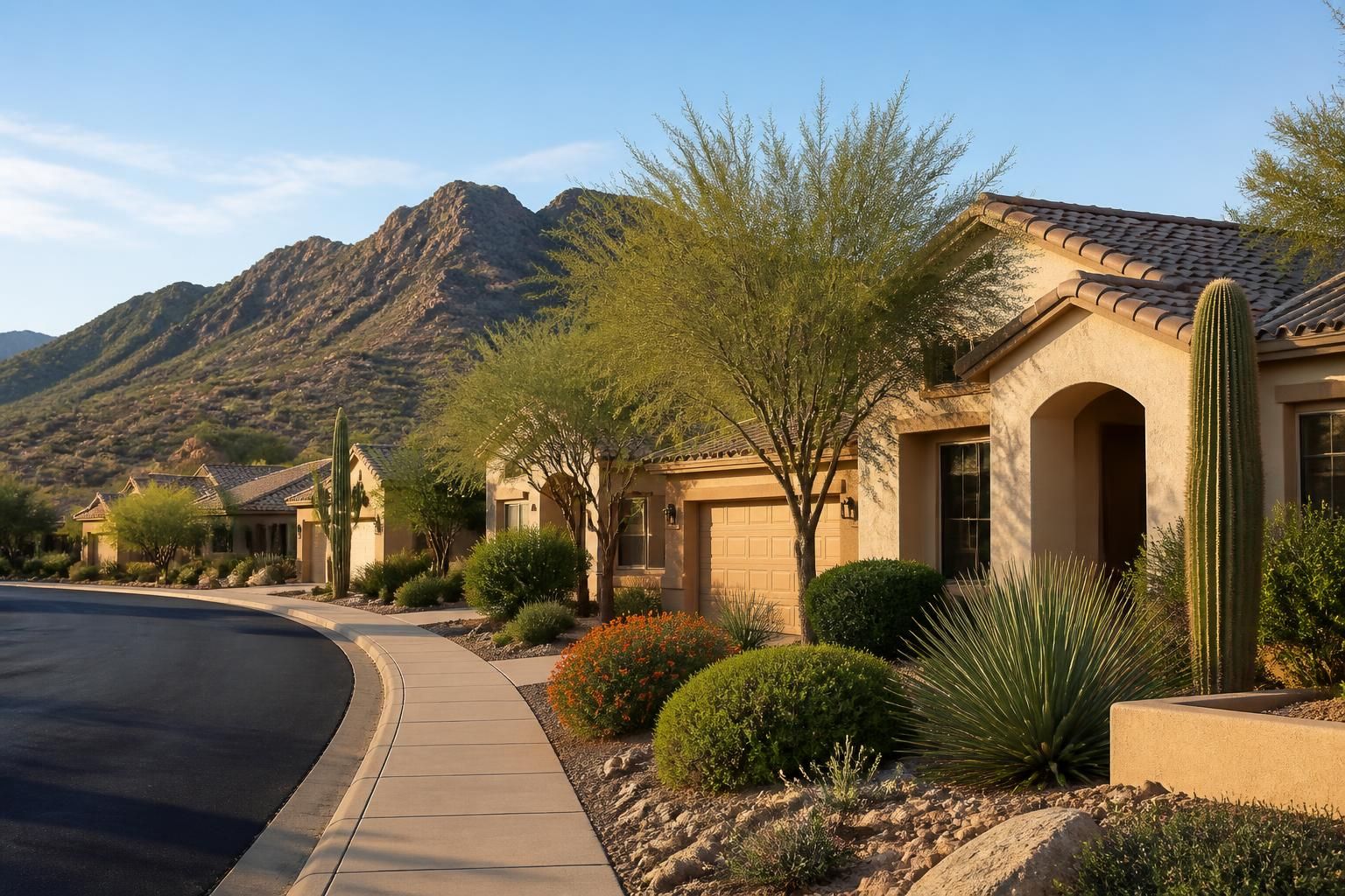 Ahwatukee neighborhood with desert plants and mountain views.