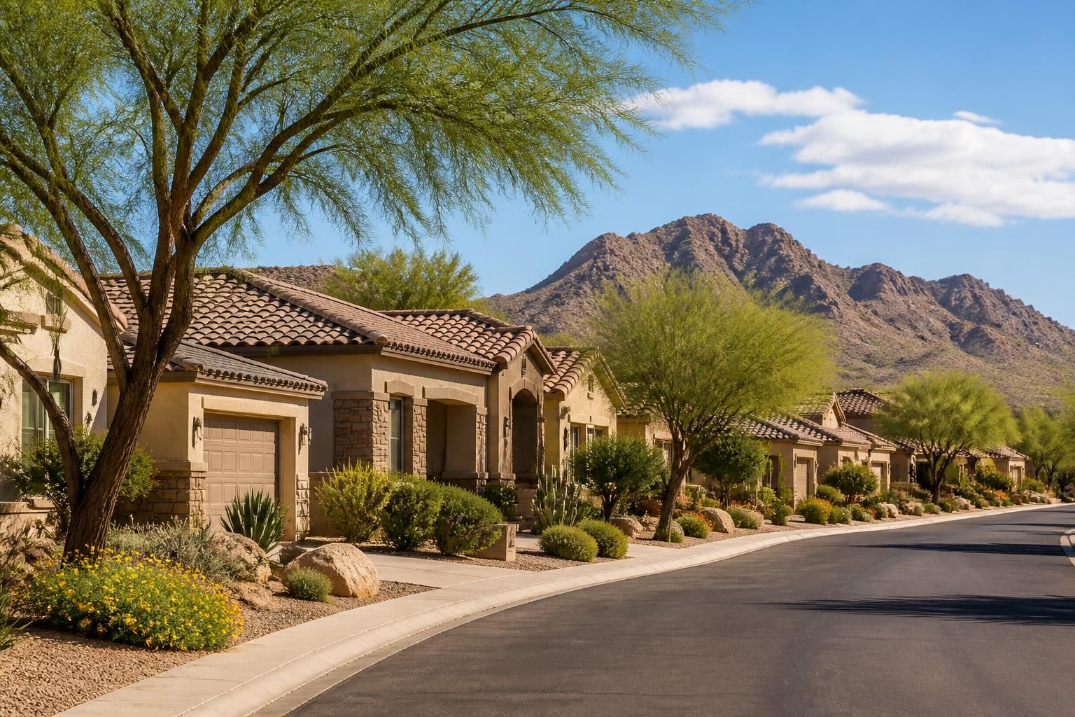Anthem neighborhood with clean landscaped yards and desert trees.
