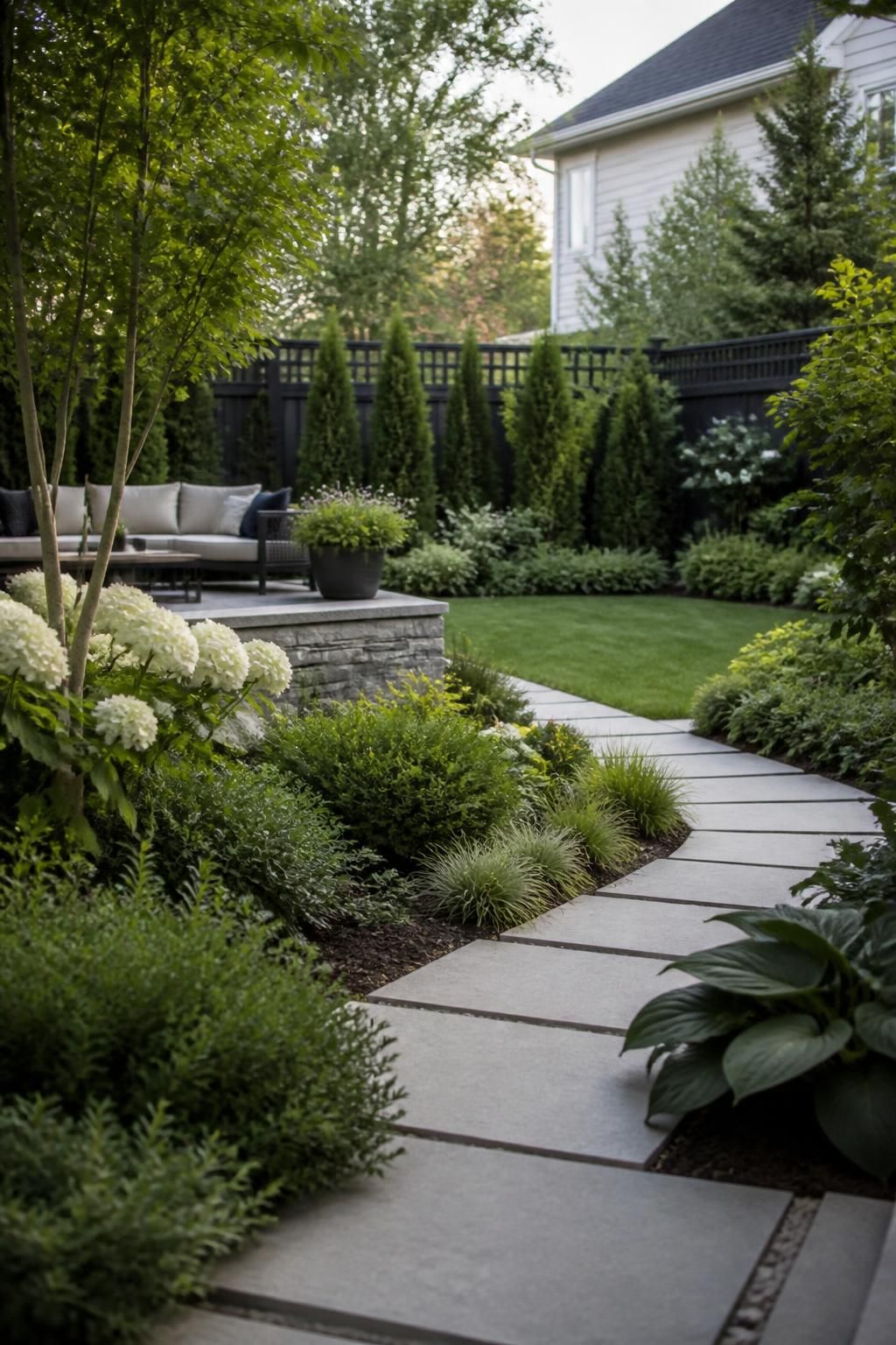 Modern backyard with installed shrubs and a neat stone walkway.