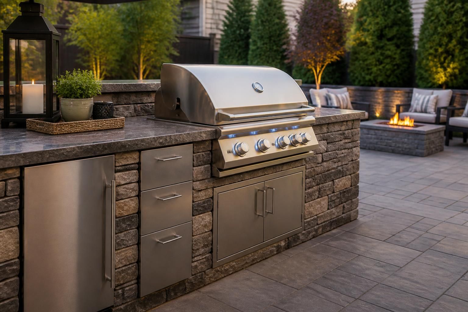 Finished outdoor barbecue island in a neat backyard space.