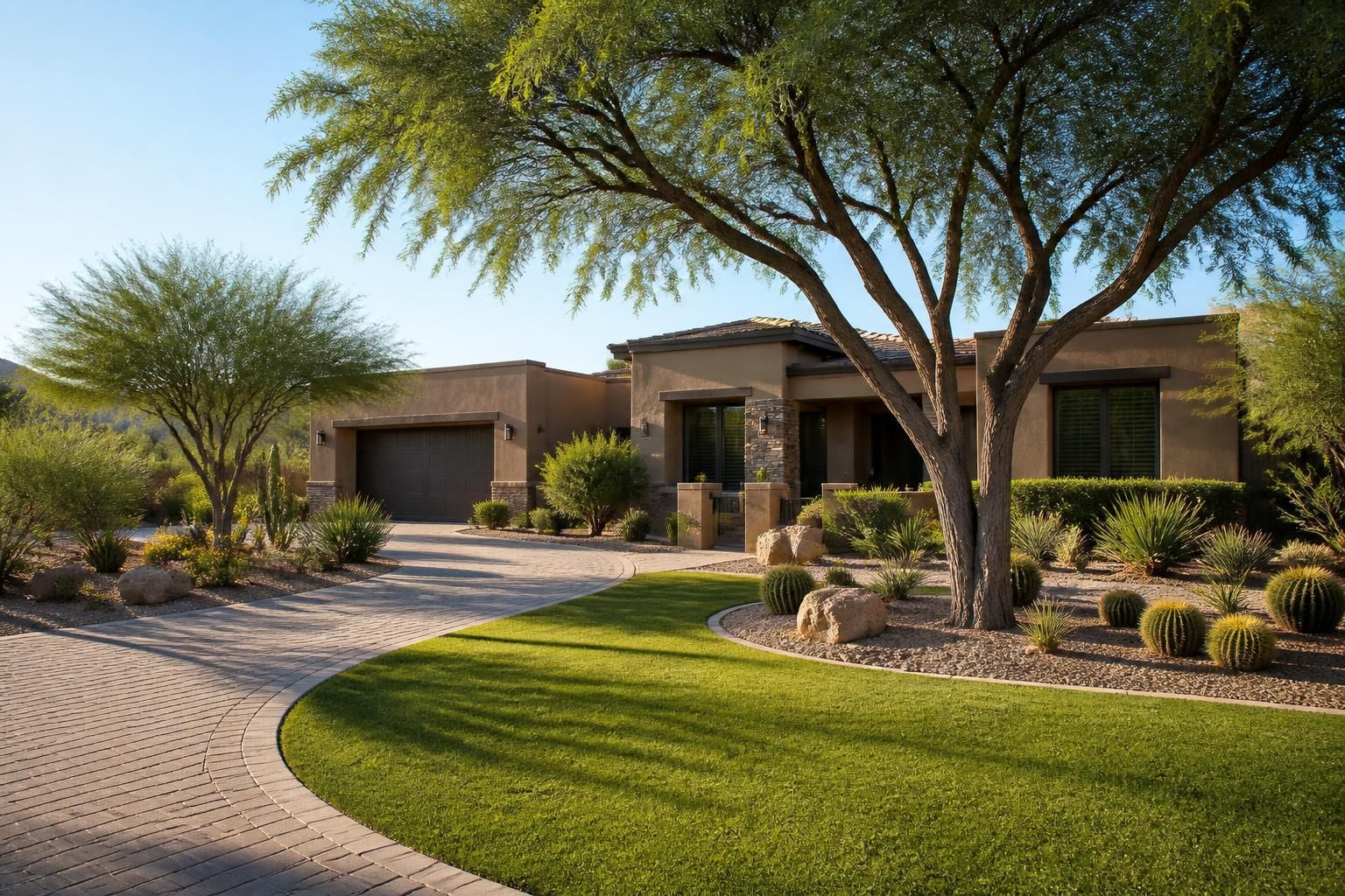 Finished desert landscape with trimmed trees and clean curb appeal.