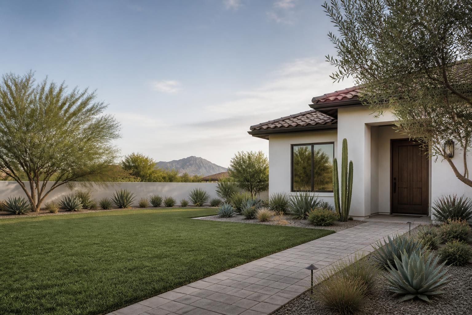 Finished front yard with turf, desert plants, and a paver path.