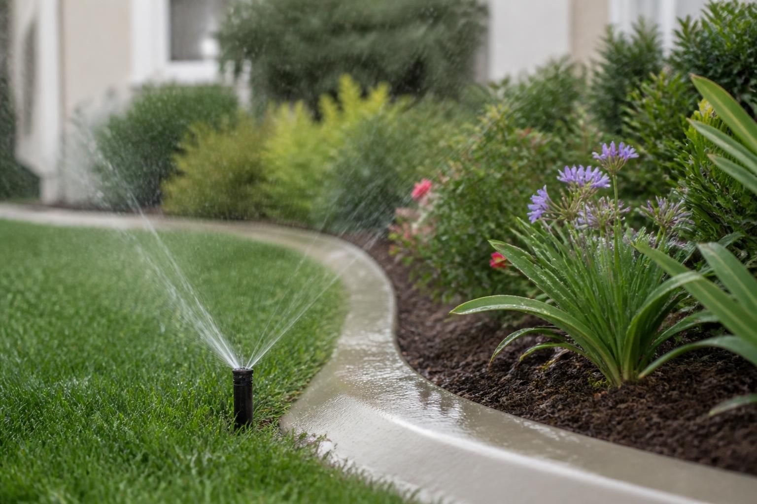Finished irrigation system in a healthy landscaped yard.