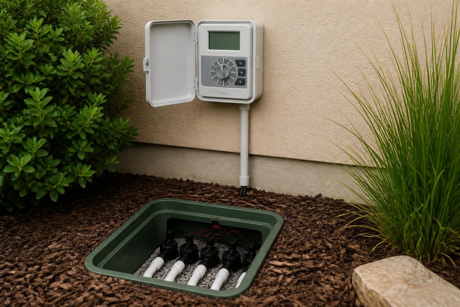 Clean irrigation valve box with updated timer setup.
