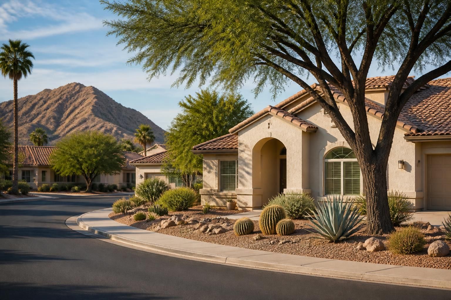 Phoenix neighborhood with tidy xeriscape yards and mature trees.