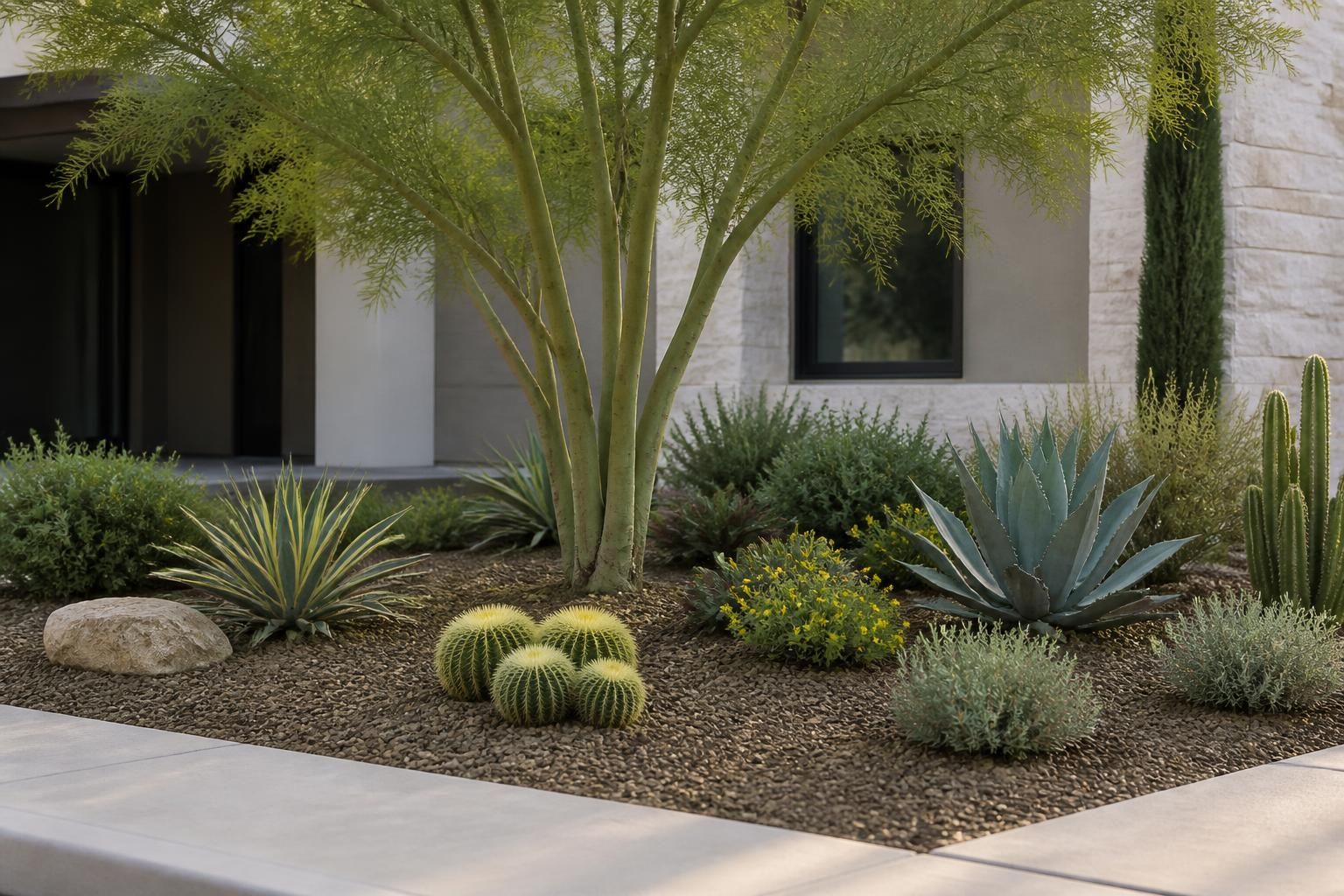 Newly installed desert trees, shrubs, and plants in a landscape bed.