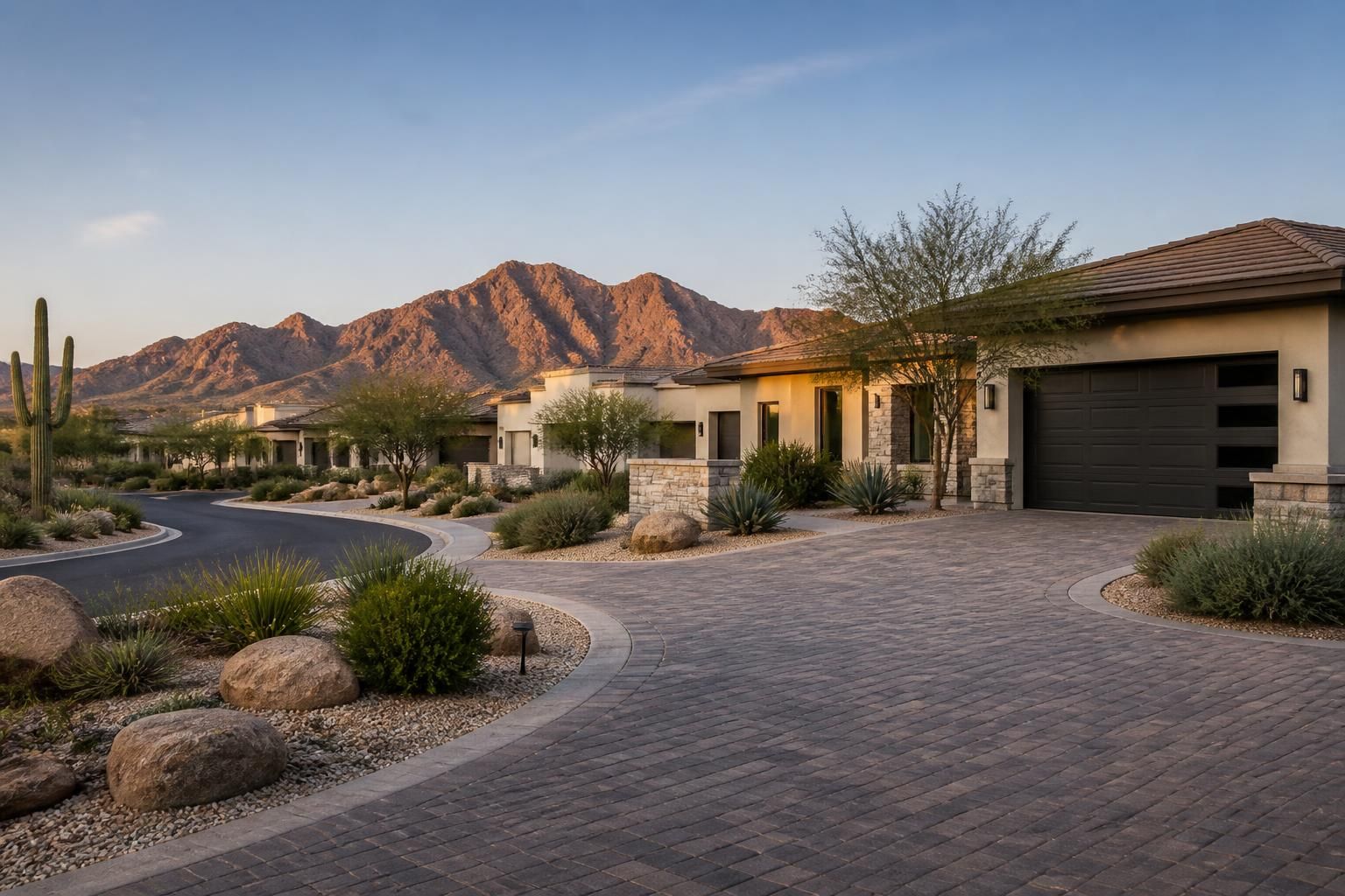 Scottsdale homes with refined landscaping and paver driveways.