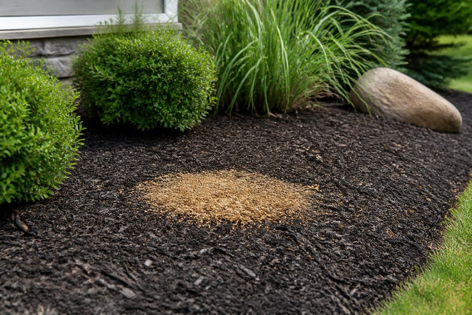 Freshly ground stump area in a finished landscape bed.