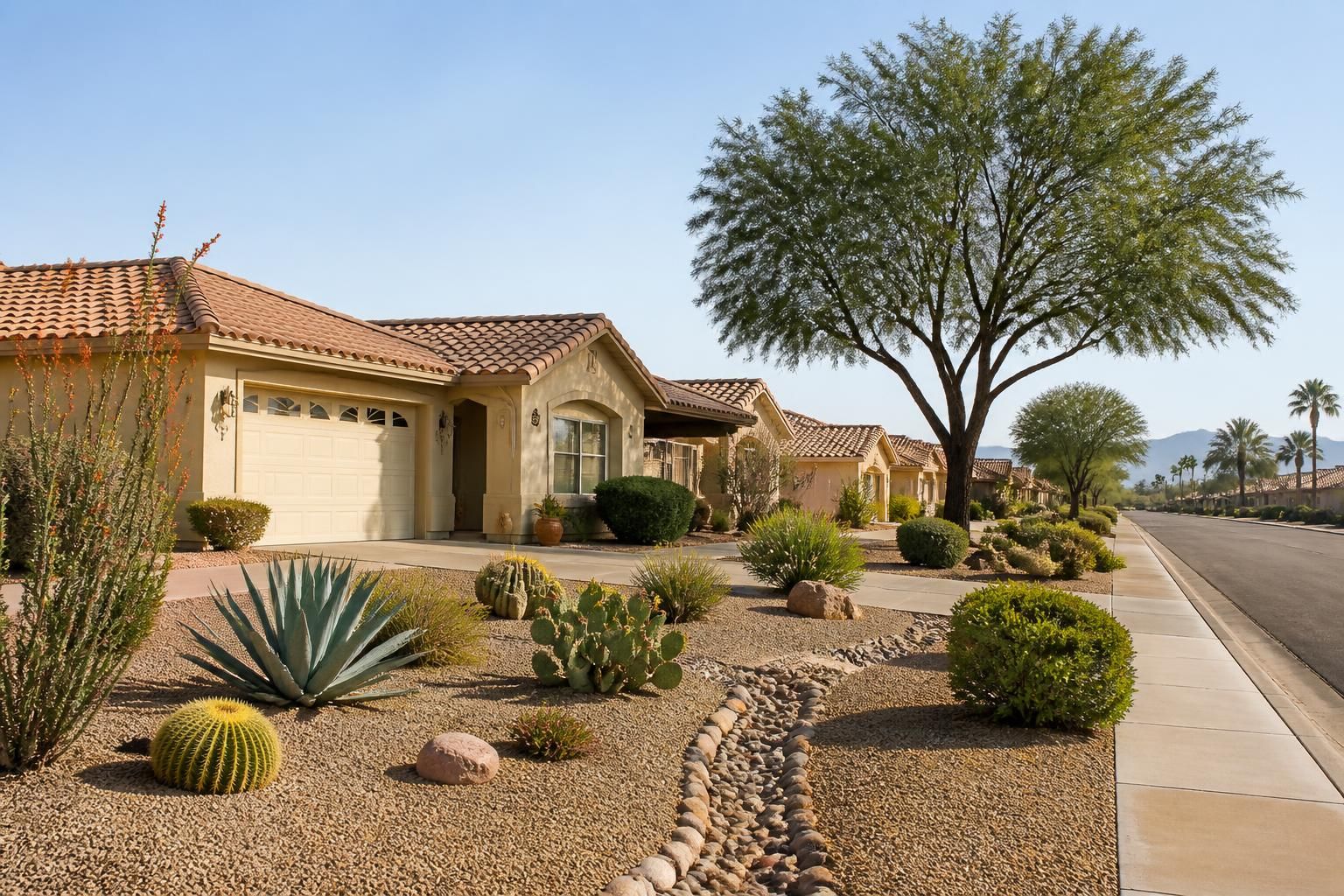 Sun City homes with mature desert plantings and clean yards.