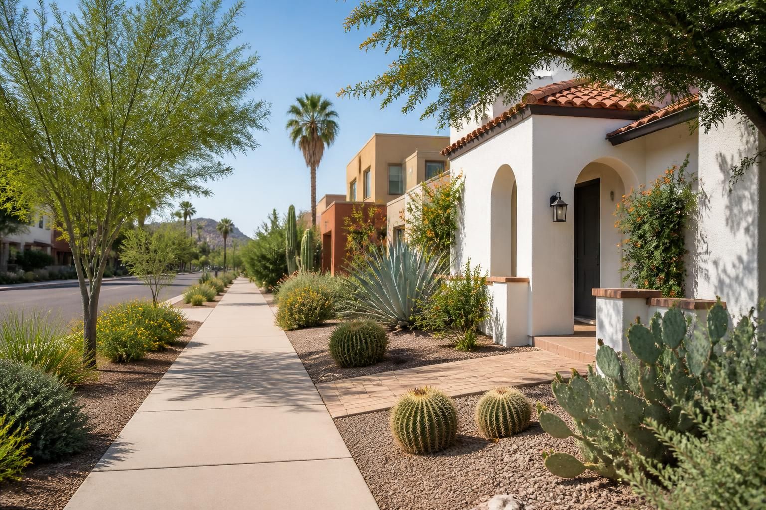 Tempe residential street with desert landscaping.