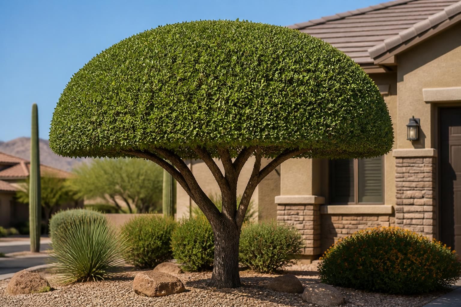 Neatly trimmed tree canopy in a residential desert yard.
